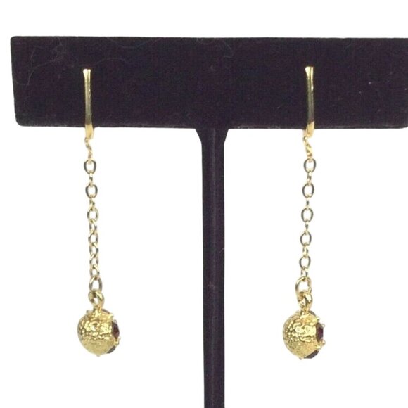Vintage Gold Dangle Earrings With Red Faceted Stones & Screw Back Closure - Picture 6 of 6